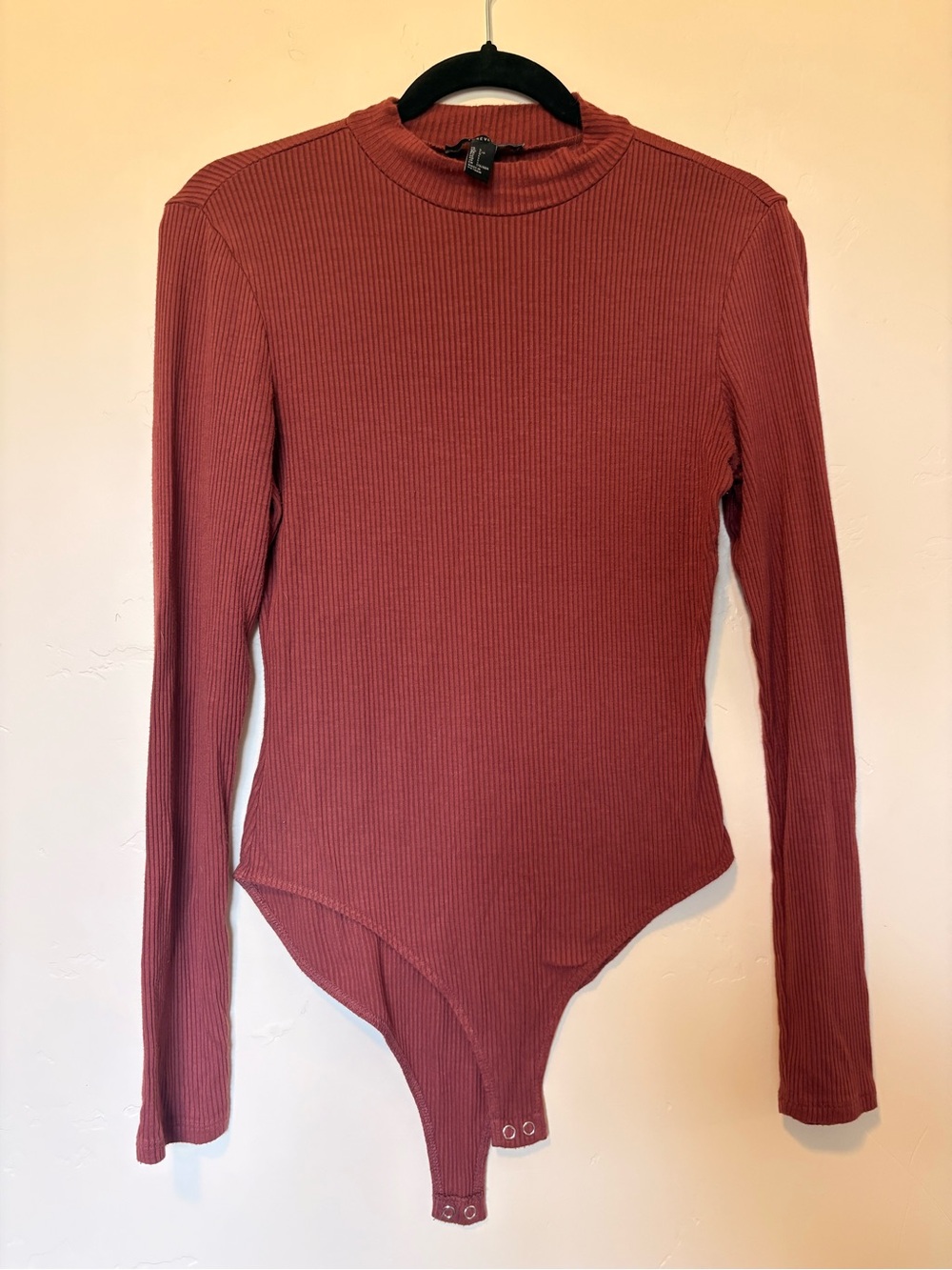 Forever 21 Ribbed Long-Sleeve Mock Neck Bodysuit in Rust